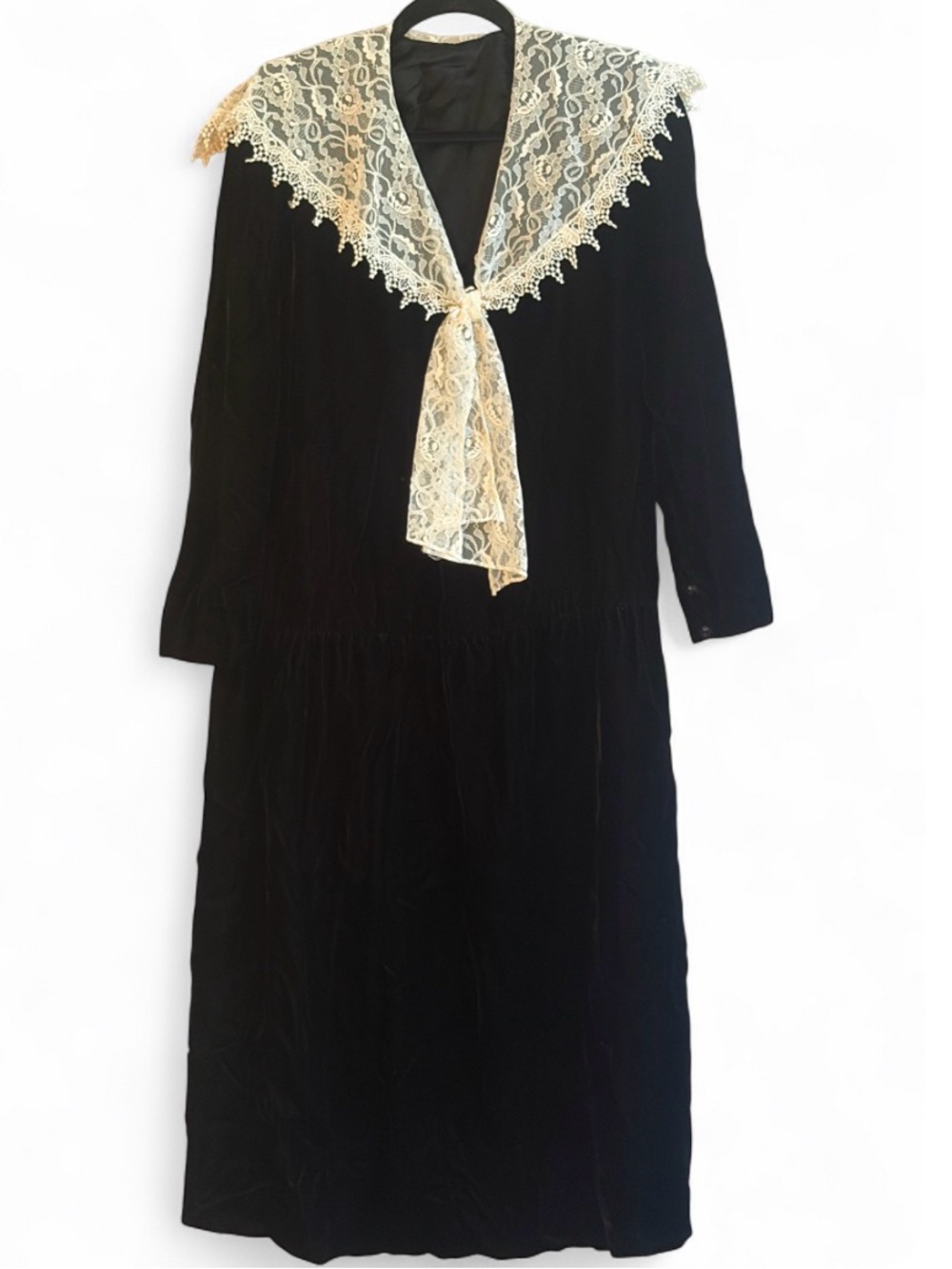 Vintage Black Velvet Lace Collar Gothic Prairie Whimsigoth Drop Waist Dress